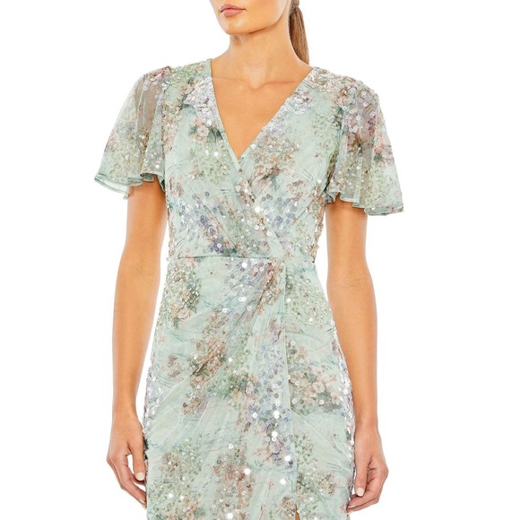 Mac Duggal NEW Seamist Green Embellished Butterfly Sleeve Faux Wrap Gown Size 16 - Picture 6 of 13